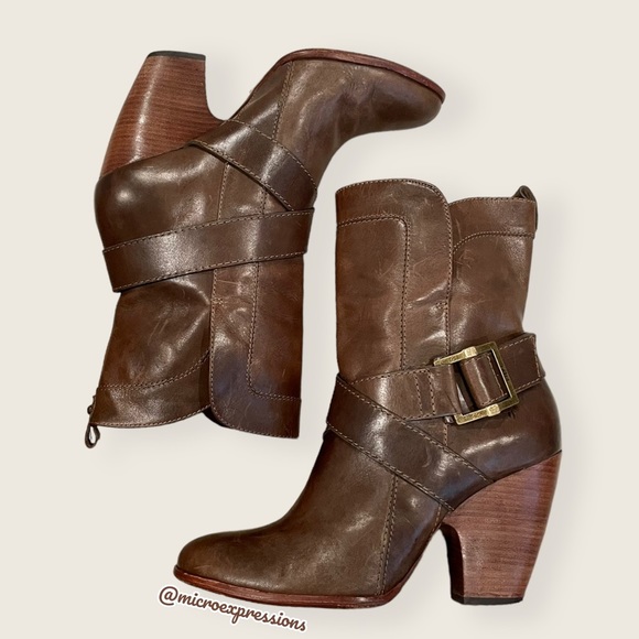 $369 Frye Andrea Mid Tan Brown Vintage Leather Harness Belted Western Ankle Boot - Picture 2 of 10